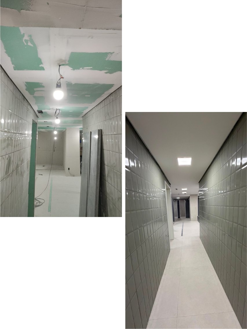 Corredor com forro em drywall em execução e o mesmo corredor finalizado
