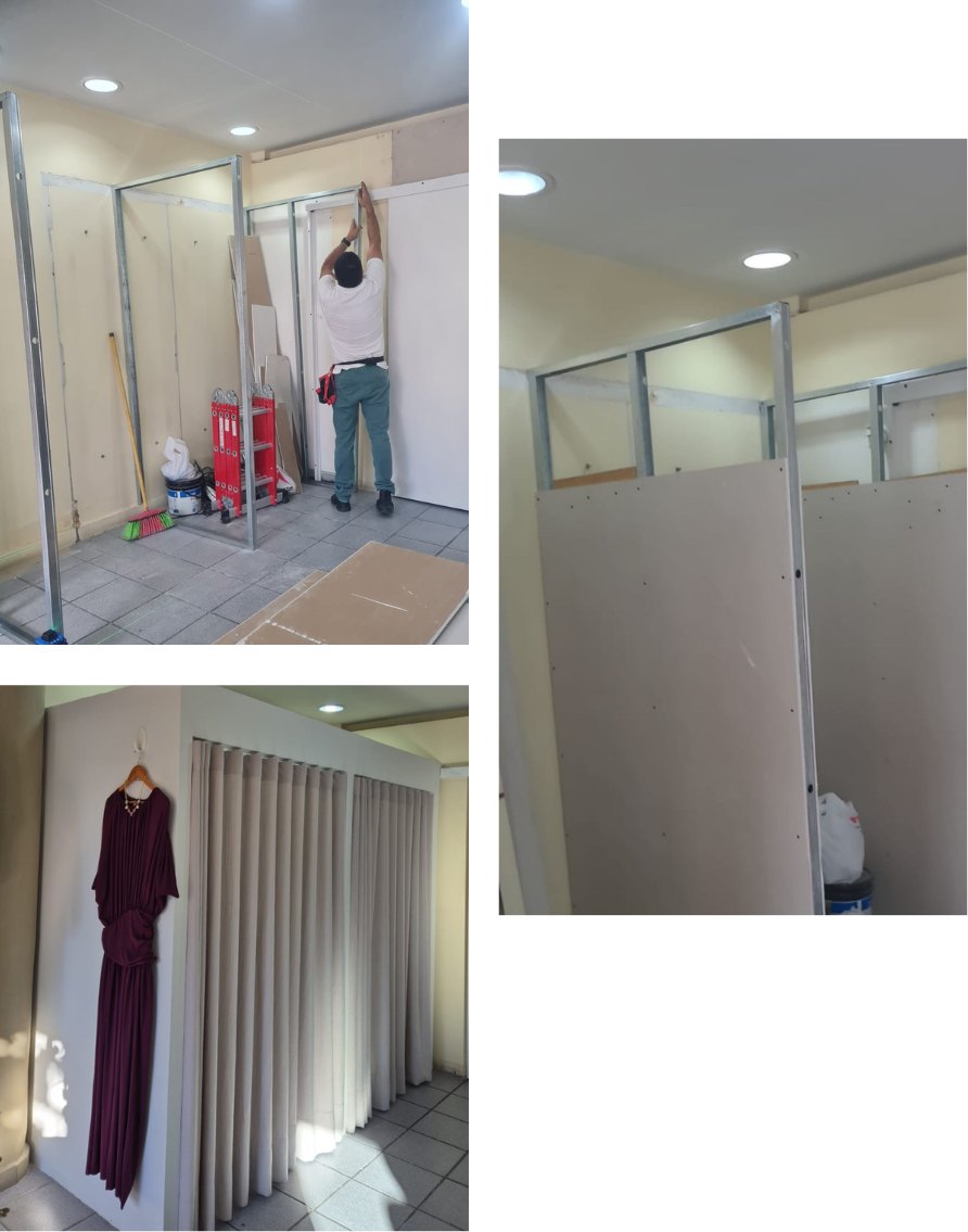 Execução da estrutura dos vestiários em drywall e o resultado finalizado em loja