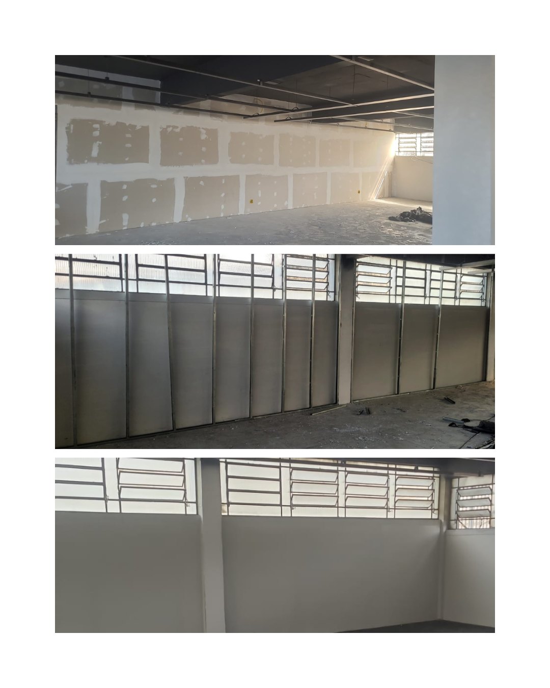 Revestimento de parede em drywall executado em ambiente comercial, da estrutura ao acabamento final