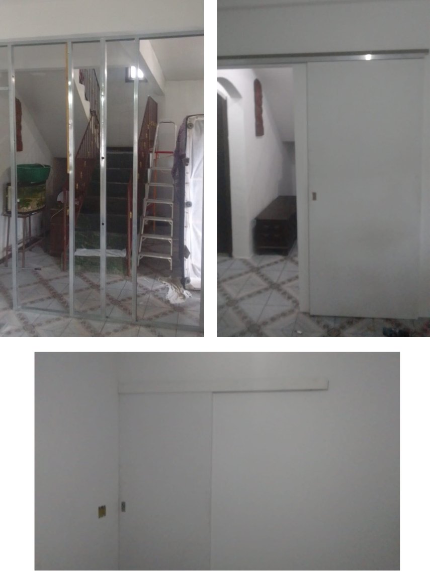 Estrutura da parede em drywall e o resultado final com porta de correr instalada