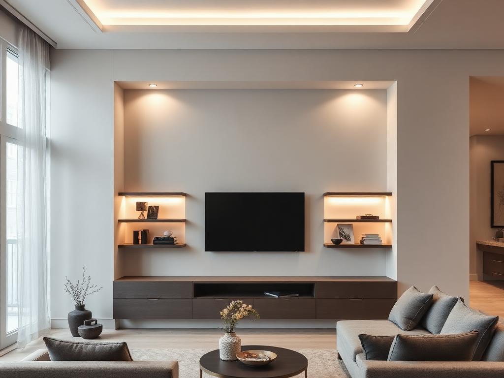 Nichos em drywall iluminados em parede de sala